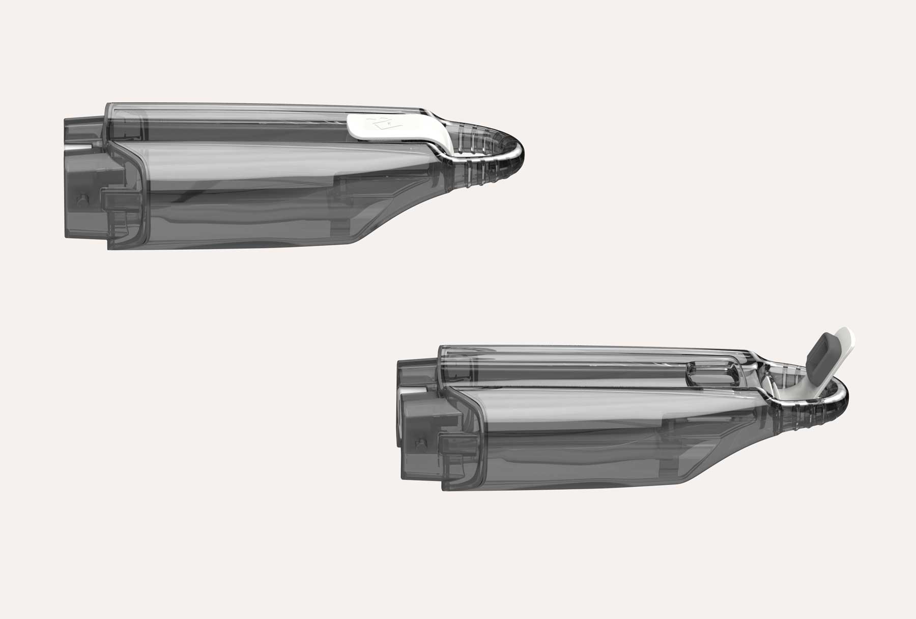 Two views of a transparent plastic water tank, one view shows the lid open, demonstrating it is removable from the steam mop and easy to refill under a tap / faucet 