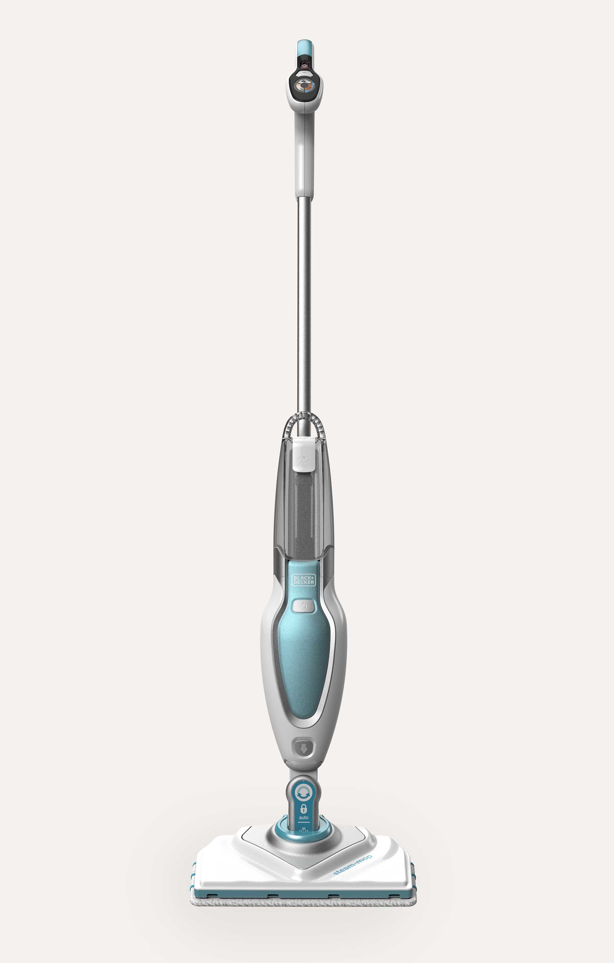 Black+Decker steam mop with a white and teal body, triangular cleaning pad, and a long handle against a plain background.