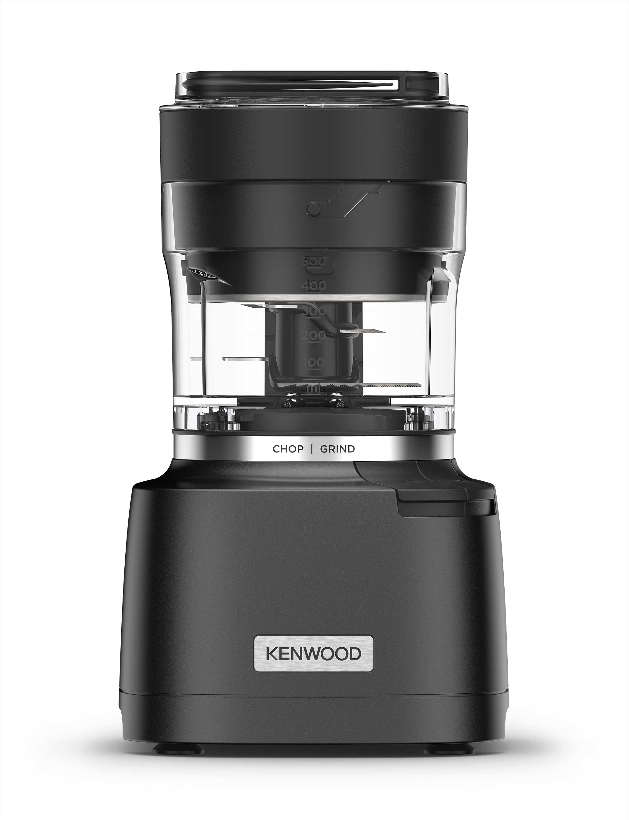 Kenwood black food processor with clear container, blades inside, and a control knob labeled Chop and Grind.