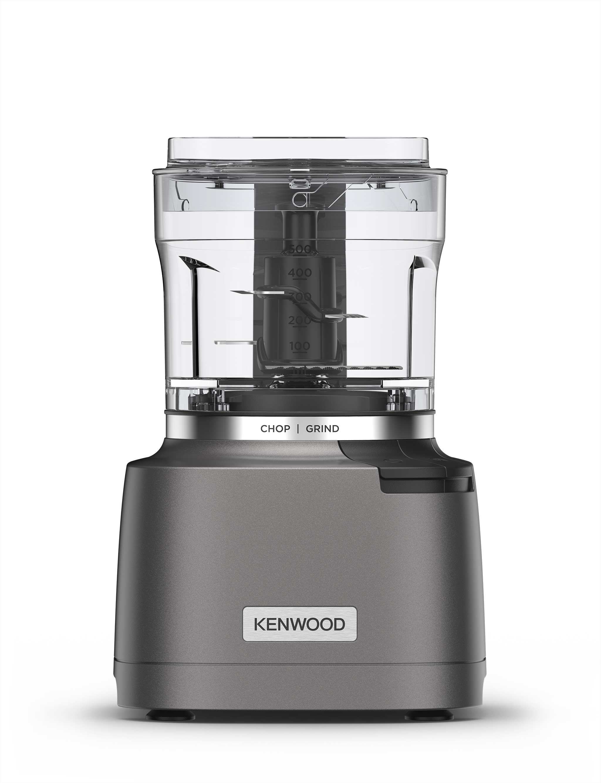 Kenwood kitchen appliance with a transparent container labeled chop and grind, showing measurement marks and internal blades, on a gray base.