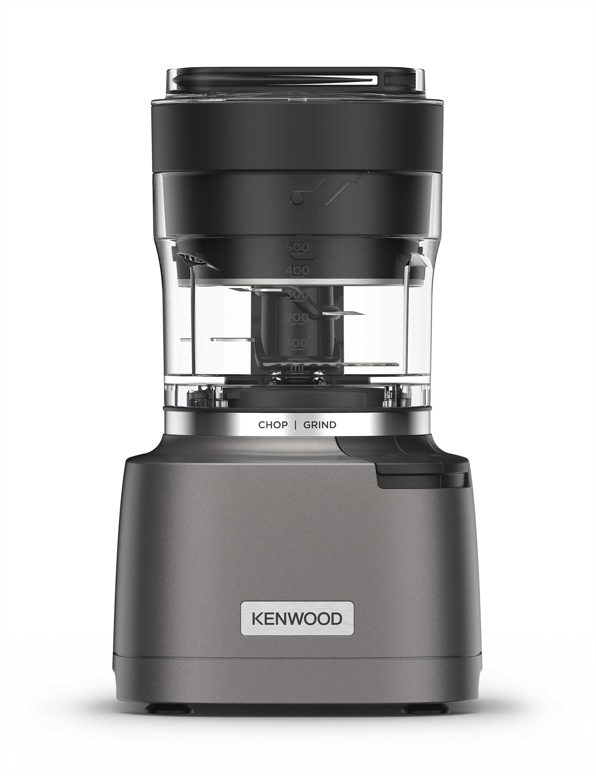 Kenwood metallic grey electric chopper and grinder with transparent container and visible blades inside.