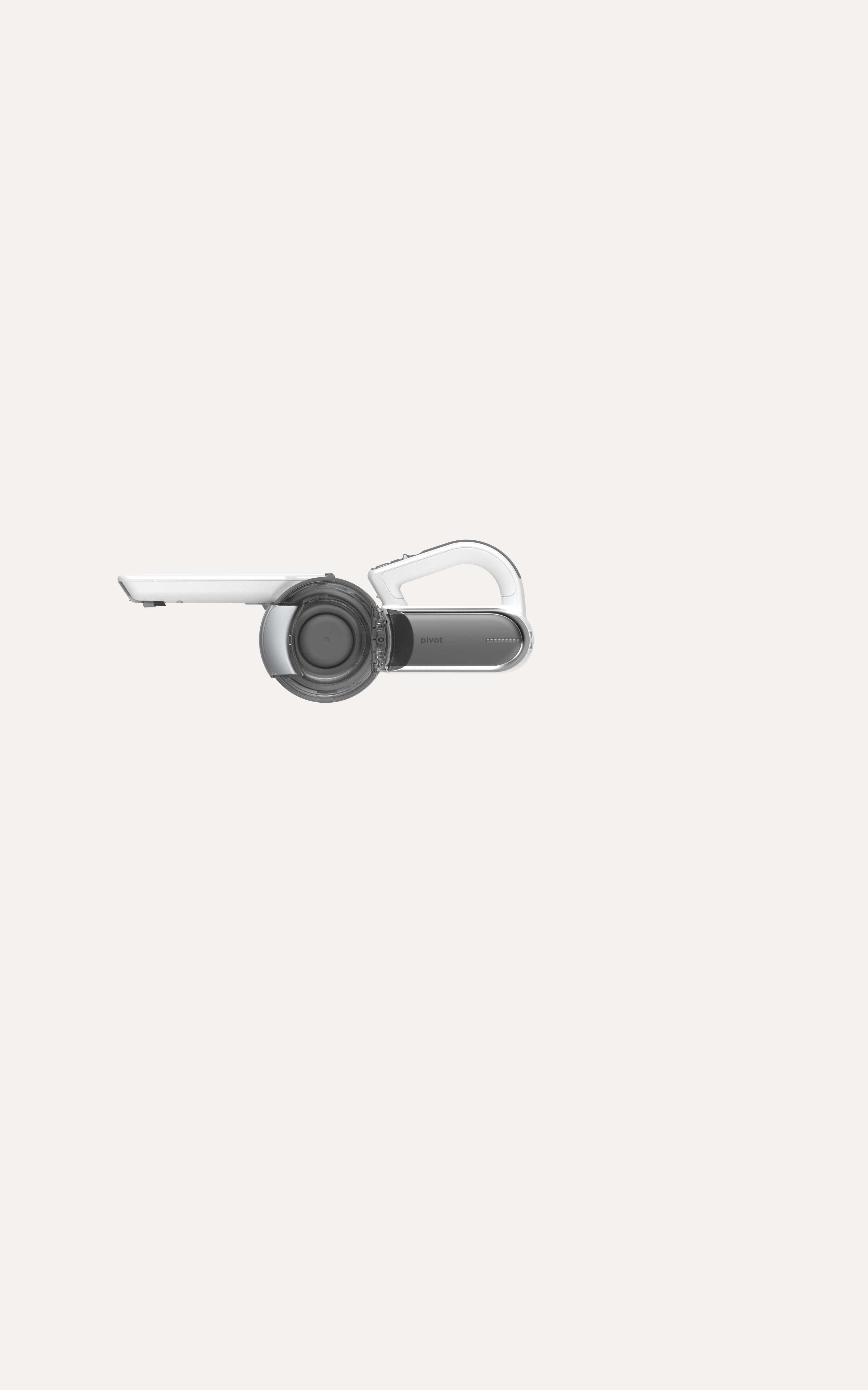 Compact handheld vacuum cleaner with pivoting nozzle and ergonomic handle on a plain background.