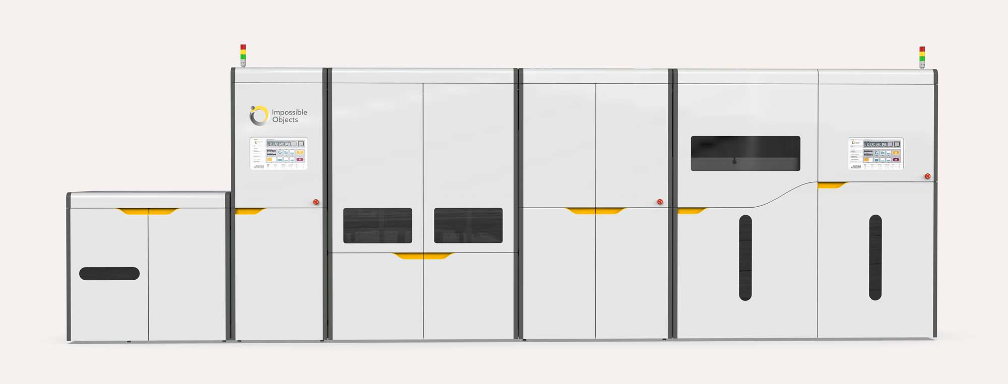 Front elevation view of a large, modern industrial 3D printer machine with multiple compartments and digital control panels, branded with Impossible Objects logo.