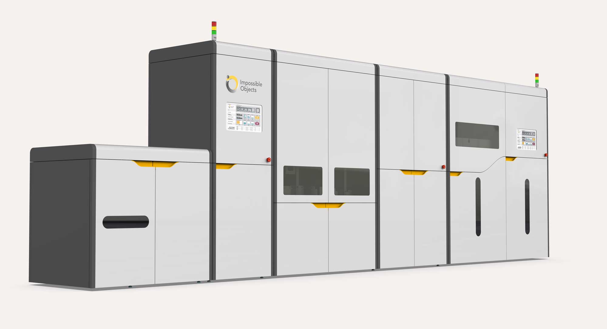 Large industrial 3D printer machine with multiple connected white and black compartments, yellow handles, two small control screens, and vertical indicator lights on top, branded with Impossible Objects logo.
