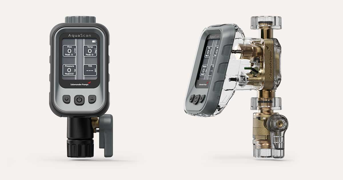 AquaScan device with a grey frame and display screen showing flow, temperature, and pressure readings. Alongside an isometric view of the device with clear plastic housing showing the internals.
