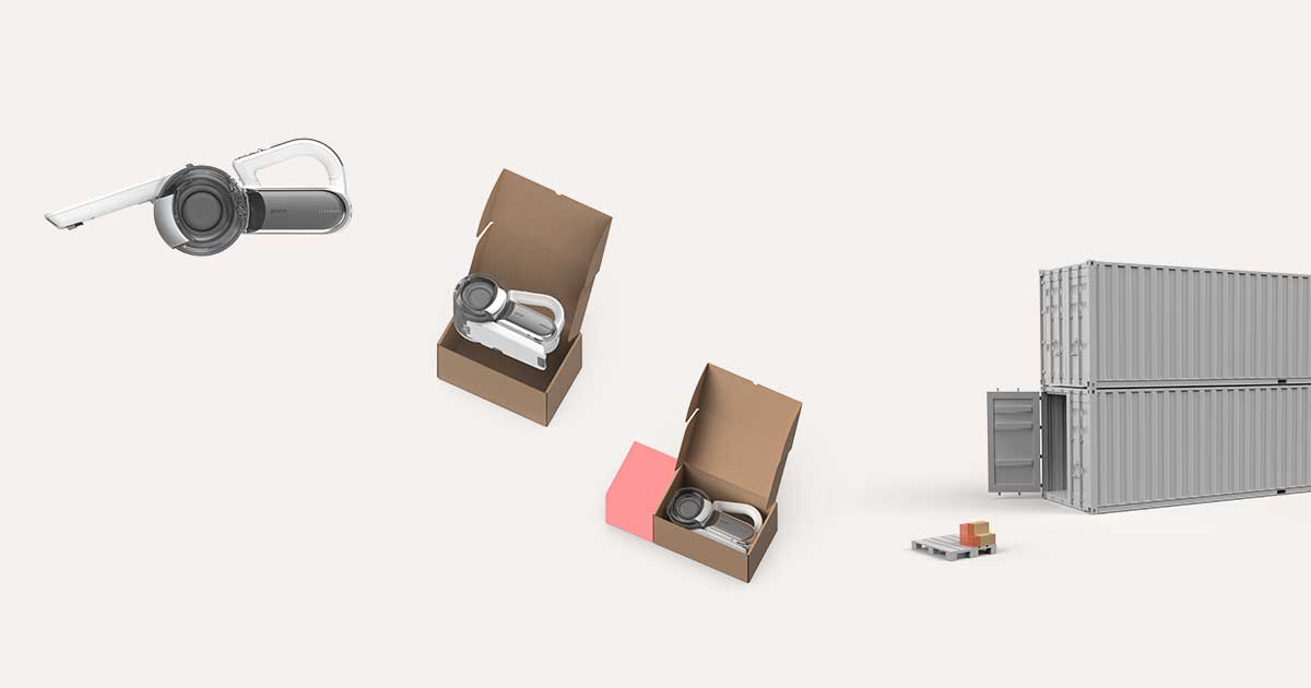 A sequence showing a Pivot hand vac being folded, placed into an open box, box closed and then the box on a shipping pallet next to 2 grey stacked shipping containers.