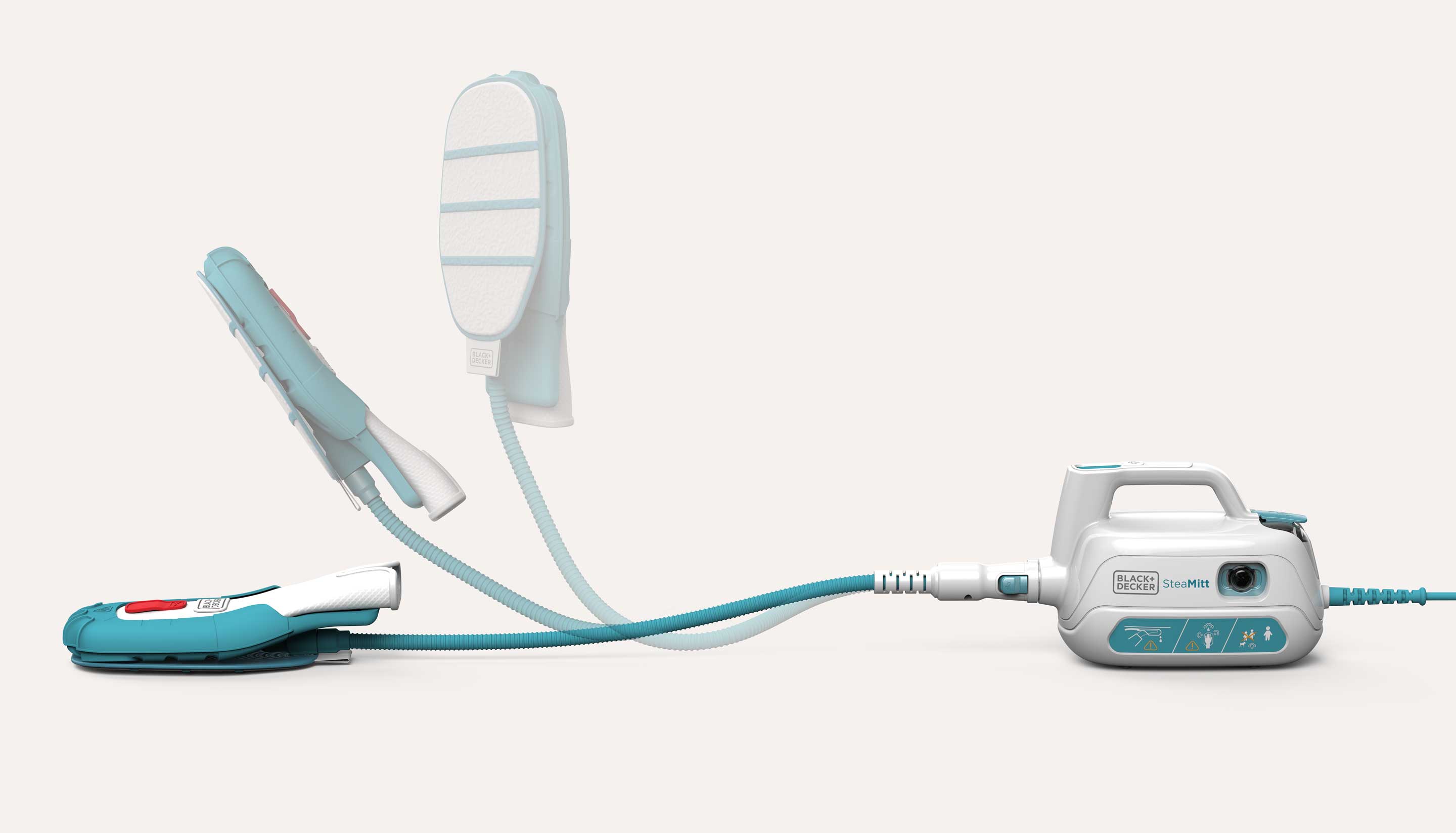 Black + Decker SteaMitt handheld cordless steamer with attached steaming mitt, connected by a flexible hose to a compact white and teal steam generator unit.