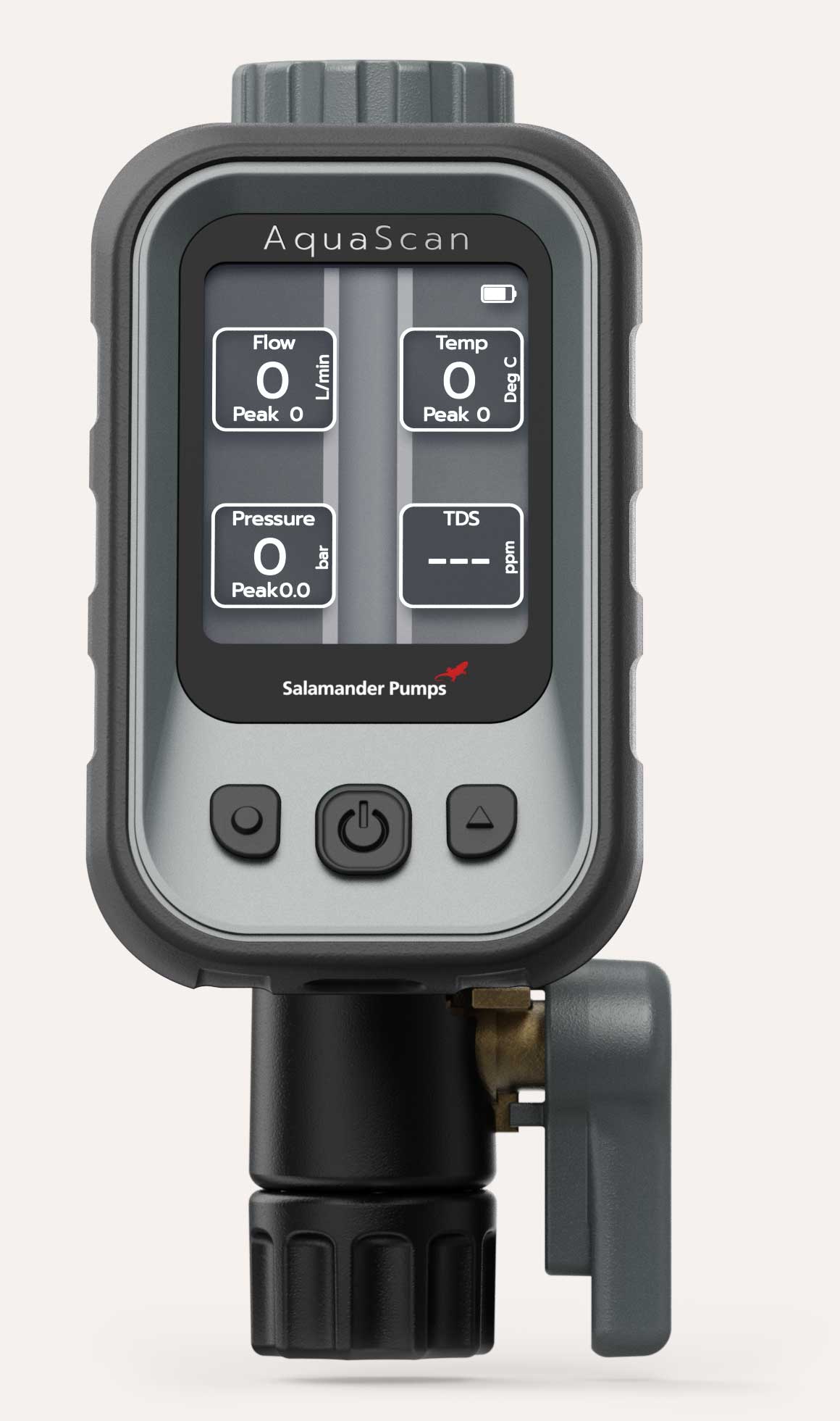 AquaScan flow meter by Salamander Pumps showing zero readings for flow, temp, pressure, and TDS.
