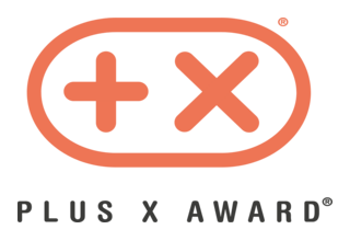 Logo of Plus X Award featuring a rounded rectangle with a plus symbol and an X symbol inside, with 'PLUS X AWARD' text below.