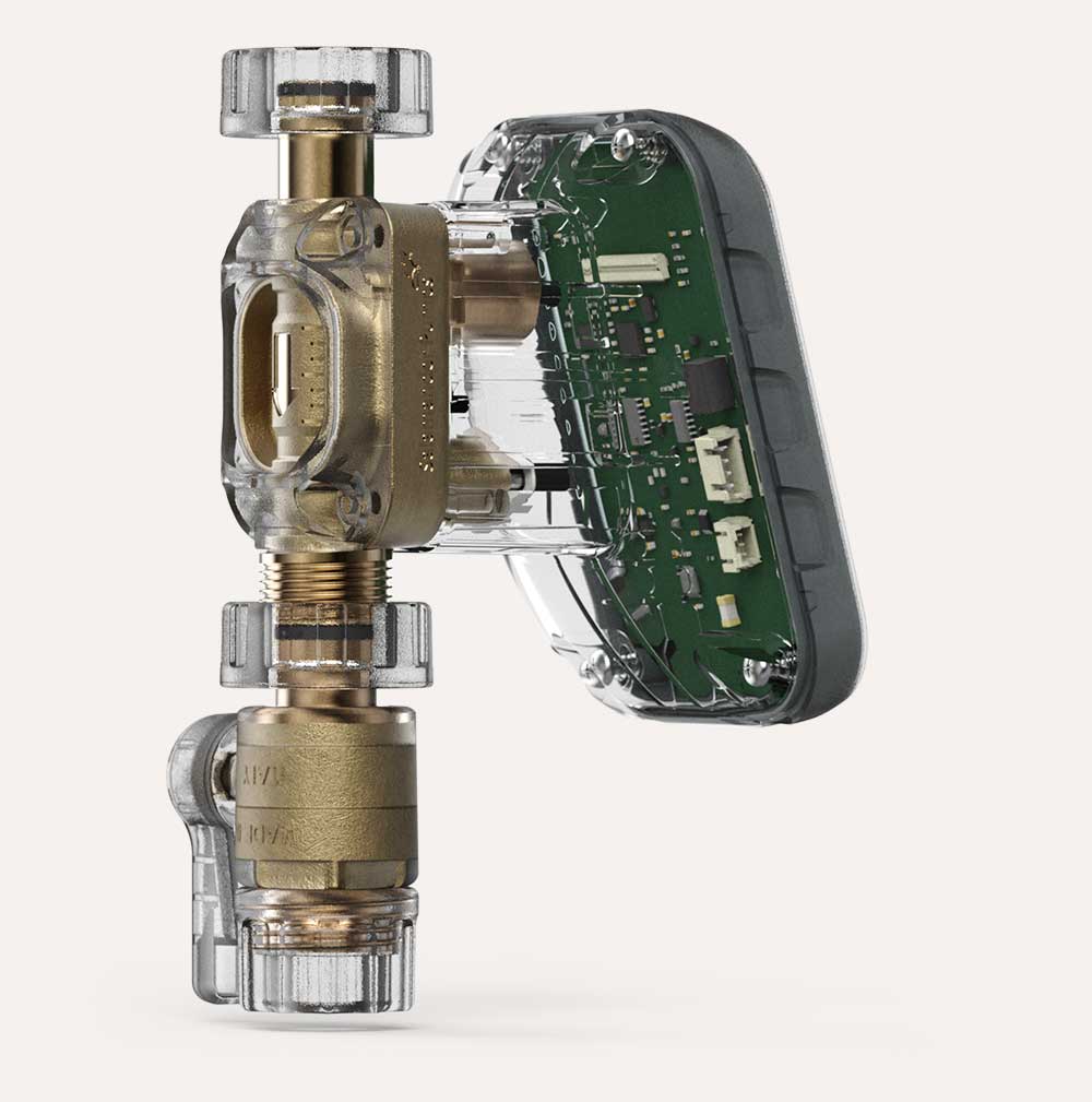 Transparent electronic water valve device showing internal green circuit board and brass valve components in a side view on a white background.