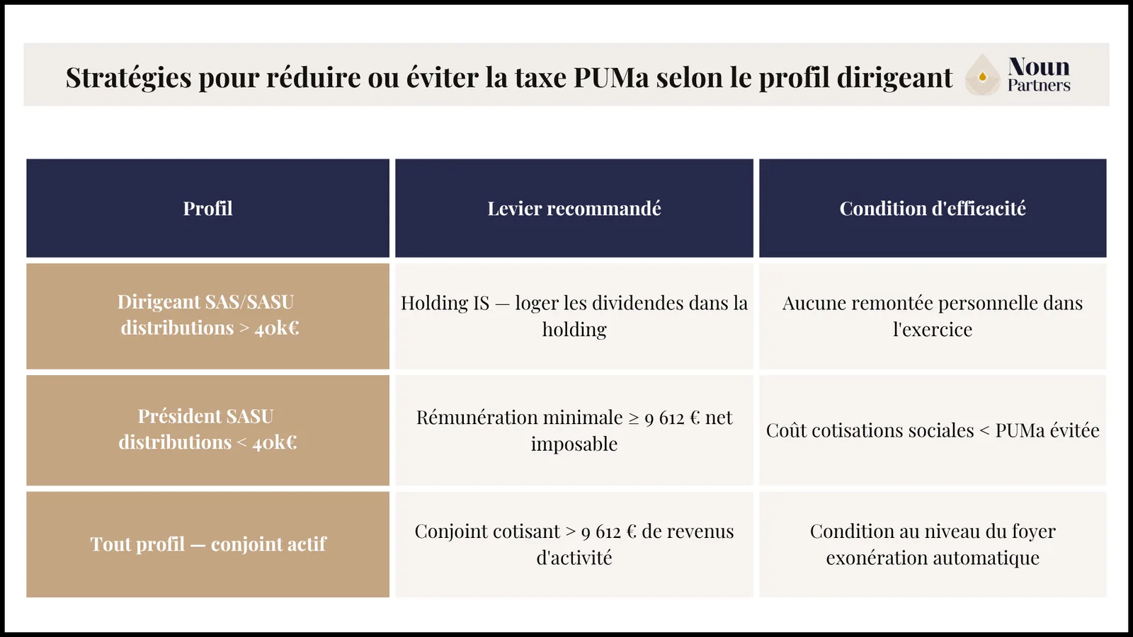 Tableau des stratégies pour réduire ou éviter la taxe PUMa selon le profil dirigeant