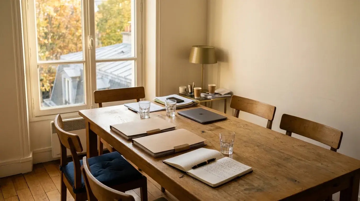 Petite salle de réunion vide, en fin d'après-midi d'automne : sur une table en chêne, deux chemises cartonnées fermées côte à côte, un carnet ouvert avec un stylo-plume, des verres d'eau à moitié vides et un ordinateur portable fermé ; les chaises sont un peu écartées de la table, et la fenêtre donne sur des arbres et des toits de zinc.