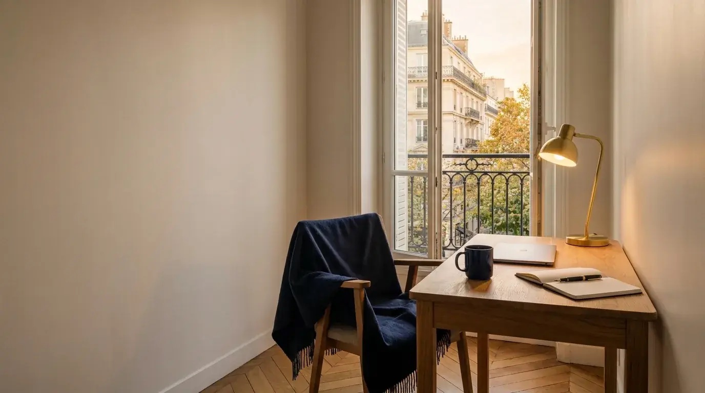 Coin bureau vide dans un appartement parisien, en fin d'après-midi d'automne : une table en chêne devant une porte-fenêtre ouverte sur un balcon en fer forgé et des façades haussmanniennes, un ordinateur portable fermé, un carnet ouvert aux pages blanches avec un stylo, une tasse bleu marine et une lampe dorée allumée ; à gauche, une chaise en bois couverte d'un plaid bleu marine.