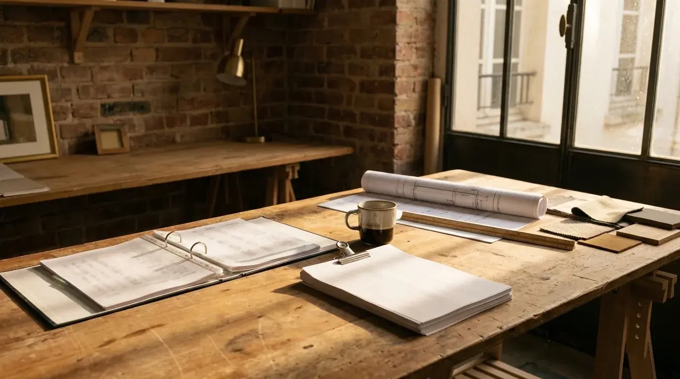 Atelier-bureau indépendant à Paris en fin d'après-midi, vide : un classeur de documents de société ouvert sur un établi en bois, une liasse de pages sous pince, un plan roulé et une tasse de café.