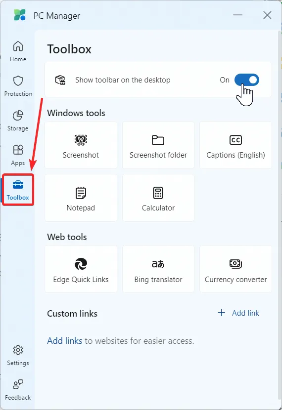 צילום מסך הגדרות ה-Toolbox של PC Manager