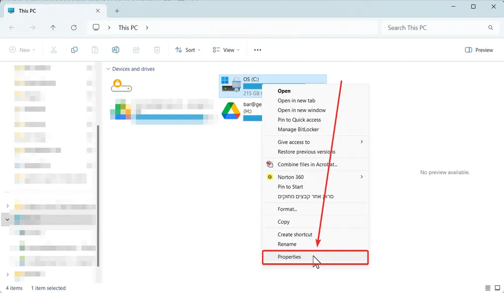 צילום מסך "המחשב שלי" עם סימון גישה ל-Properties של דיסק C