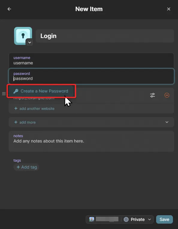 how to create a new custom password in 1password