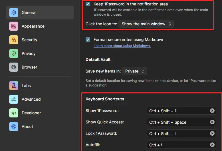 general settings tab in 1password