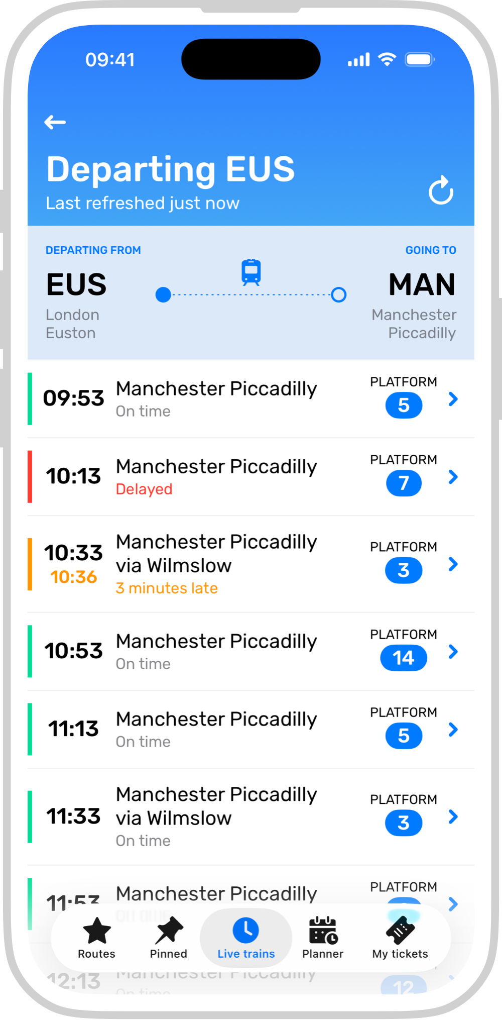 Screenshot of Live trains results.