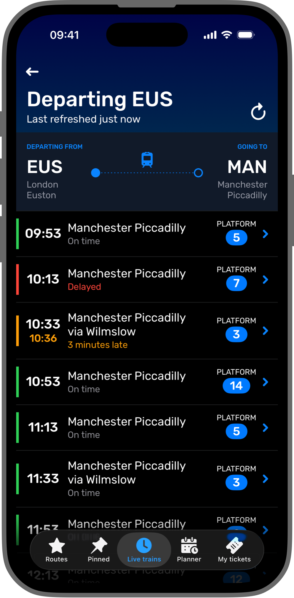Screenshot of Live trains results.