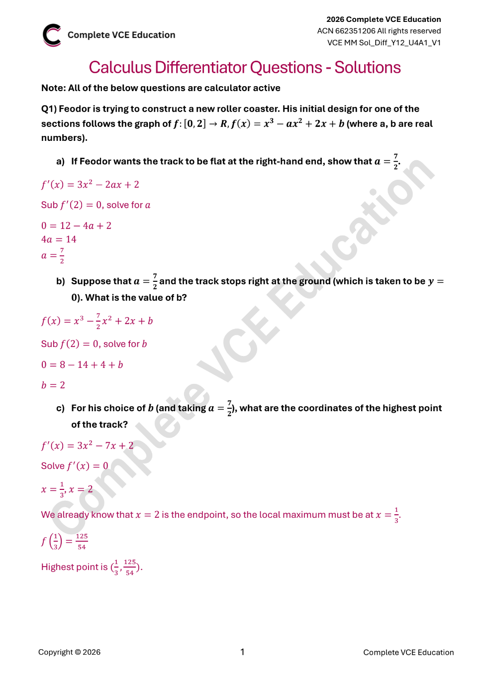 Calculus questions and solutions on roller coaster design with polynomial derivatives and coordinate calculations.