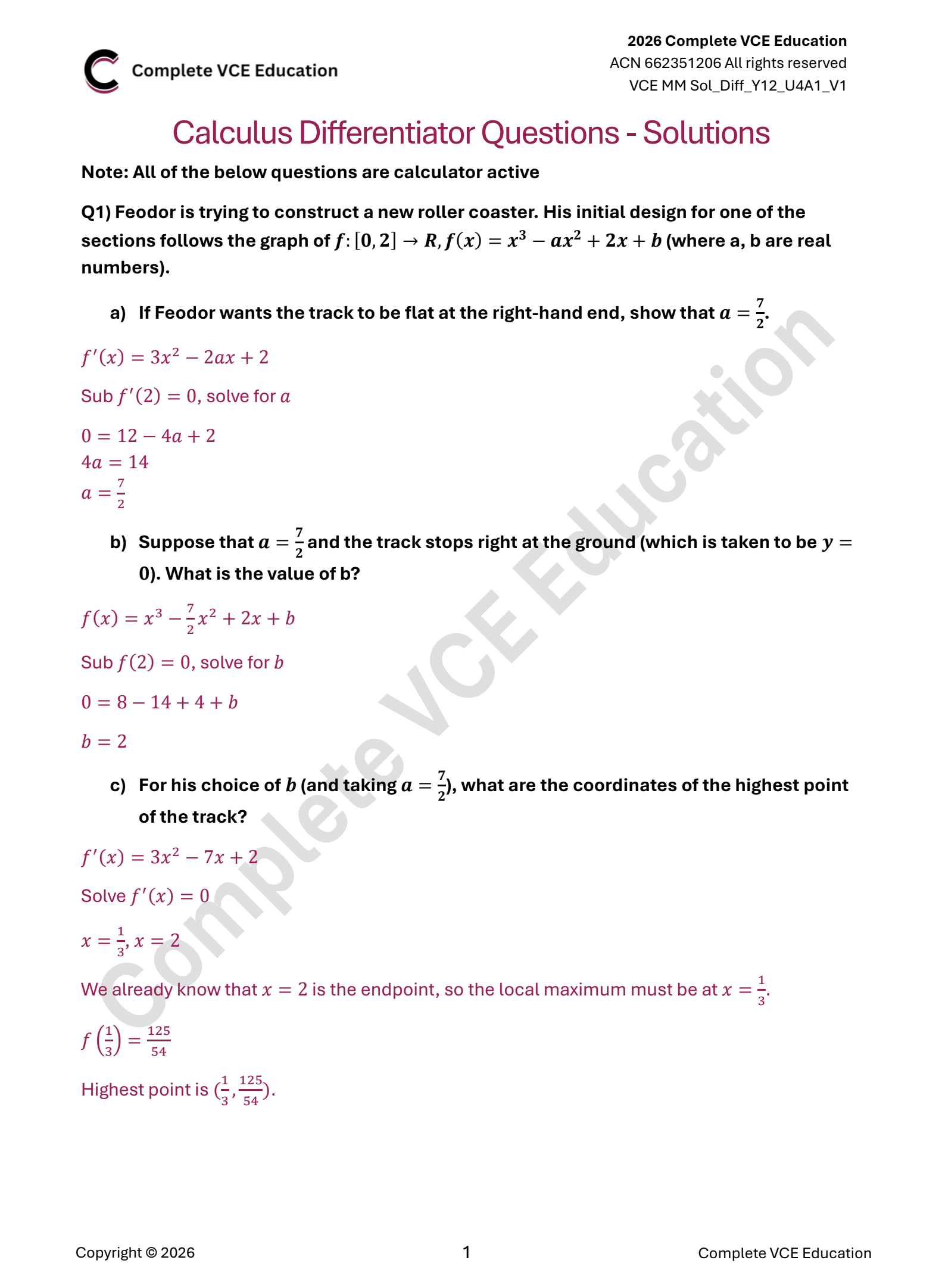 Calculus differentiator questions with solutions on roller coaster track design using derivatives and coordinates.