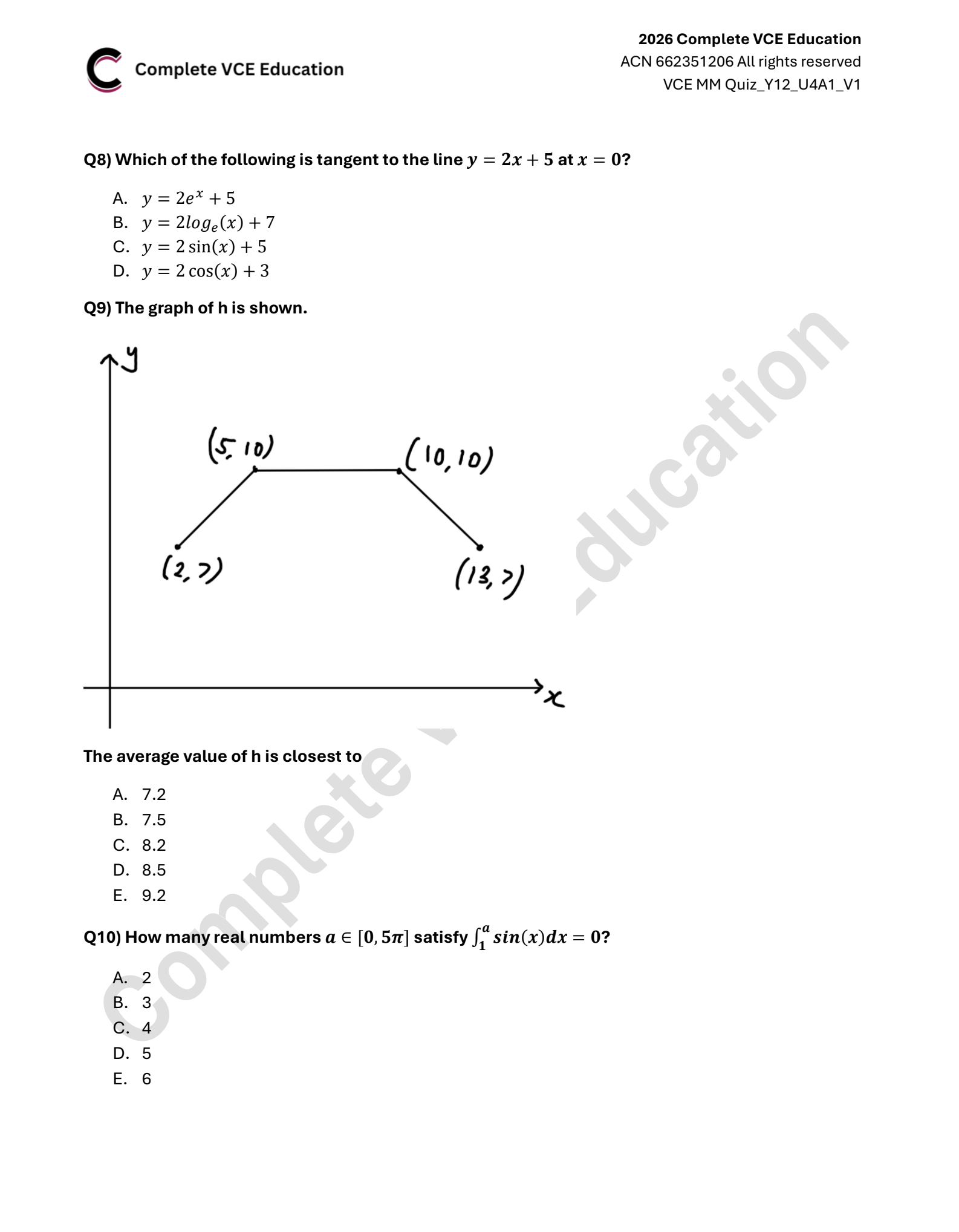 Math quiz page with questions on tangent functions, graph of h, and integral of sin(x) with options.