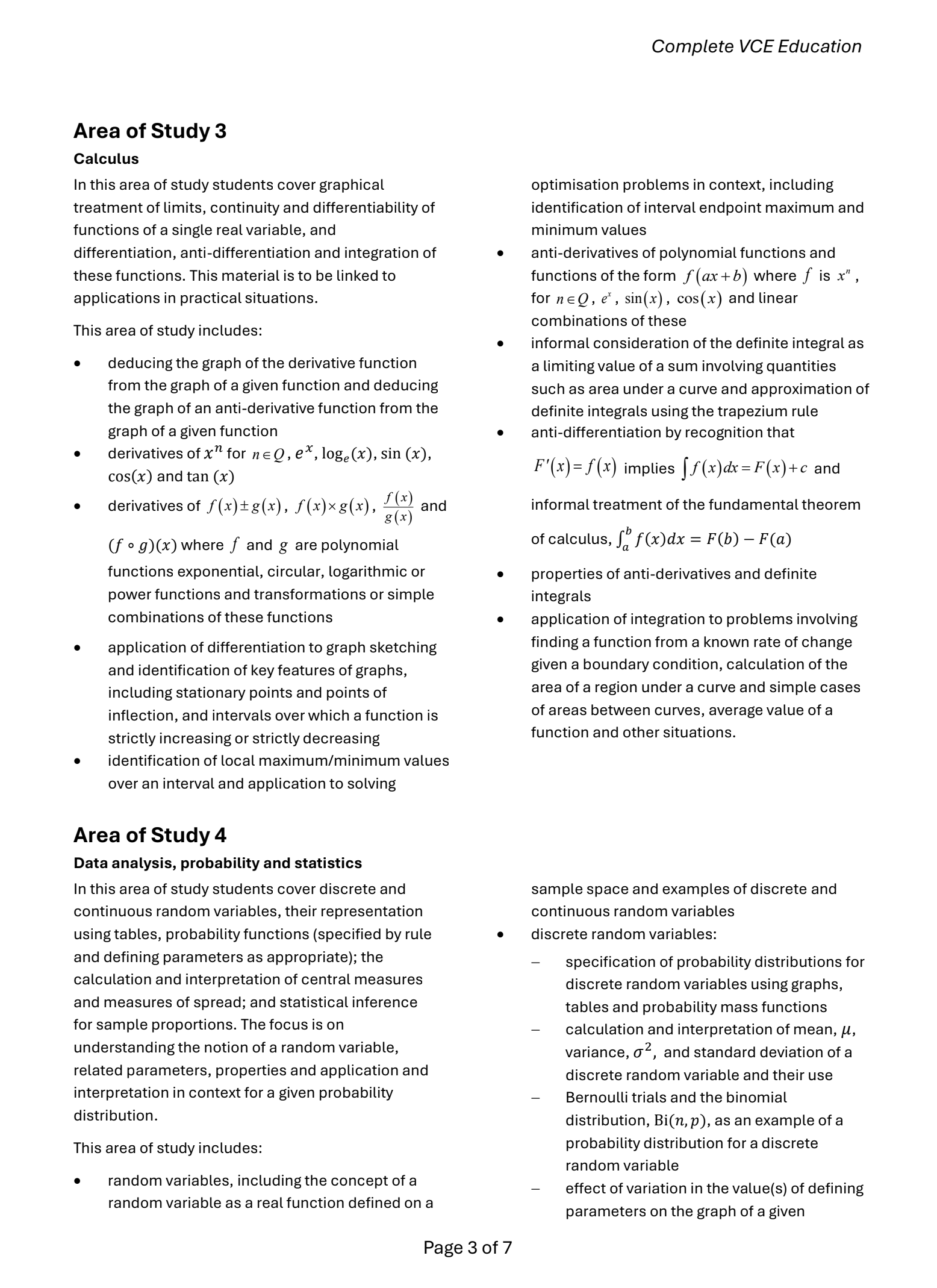 Text detailing VCE education Areas of Study 3 and 4 on calculus and data analysis topics and concepts.
