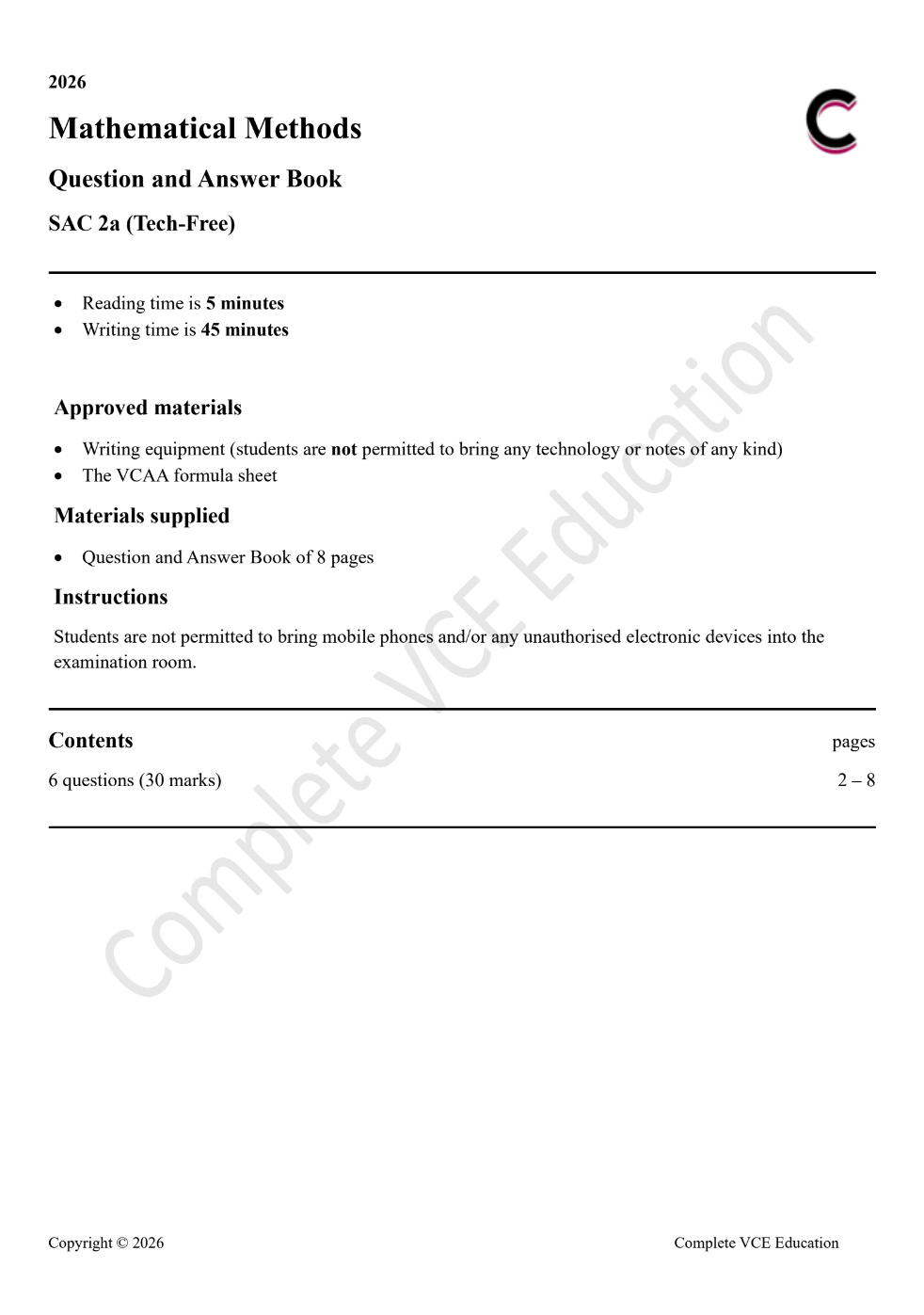 Mathematical Methods Practice SAC 1b solutions cover exam instructions, allowed materials, and question structure.