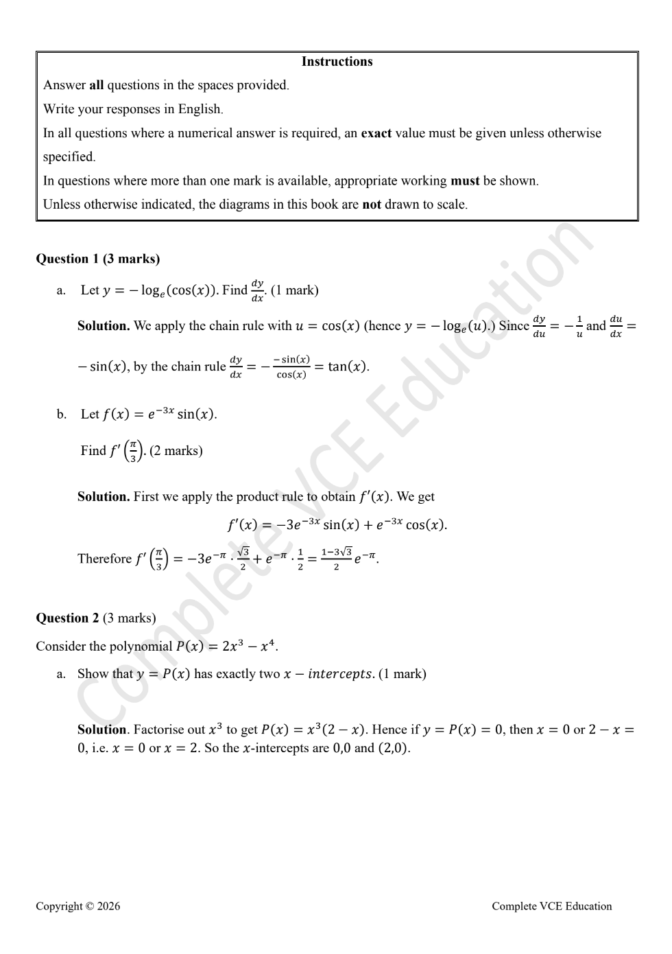 Mathematical Methods Practice SAC 1b solutions cover exam instructions, allowed materials, and question structure.