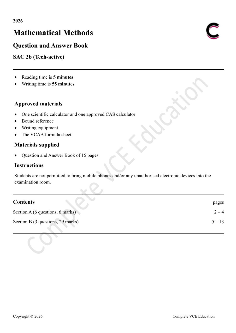 Mathematical Methods Practice SAC 1b solutions cover exam instructions, allowed materials, and question structure.