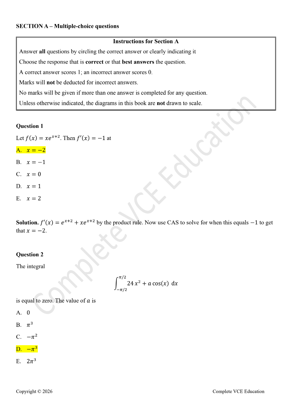 Mathematical Methods Practice SAC 1b solutions cover exam instructions, allowed materials, and question structure.