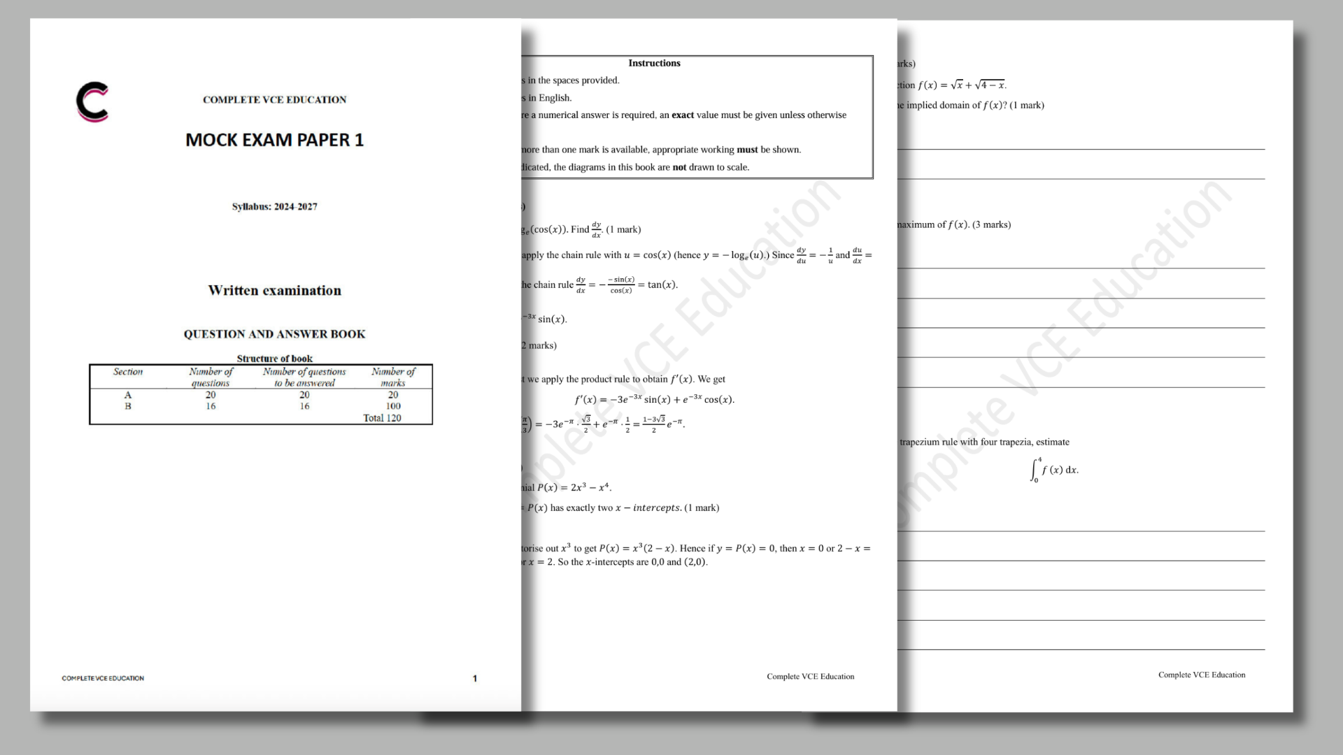 Cover and sample pages of a math mock exam paper showing questions on line equations, quadratic equations, and graphs.