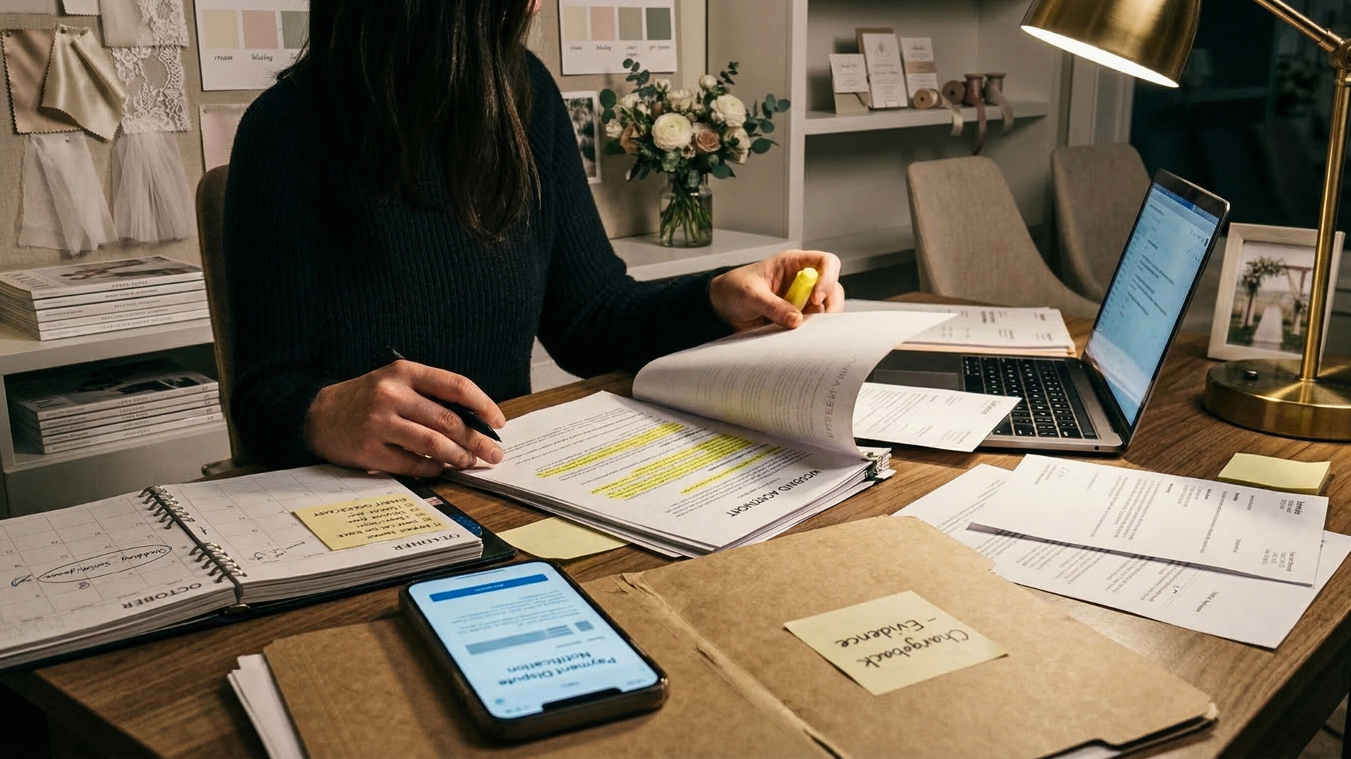 Wedding planner reviewing highlighted contract pages at a desk with a laptop, phone, calendar notebook, and client documents under warm lamplight.