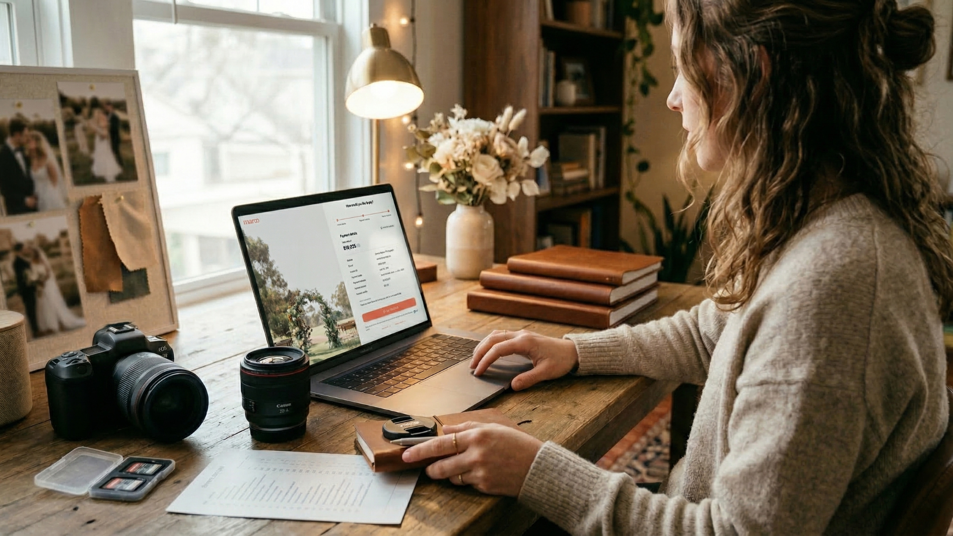 Wedding photographer managing client invoice in Maroo on a laptop, surrounded by camera equipment, memory cards, and wedding inspiration photos.