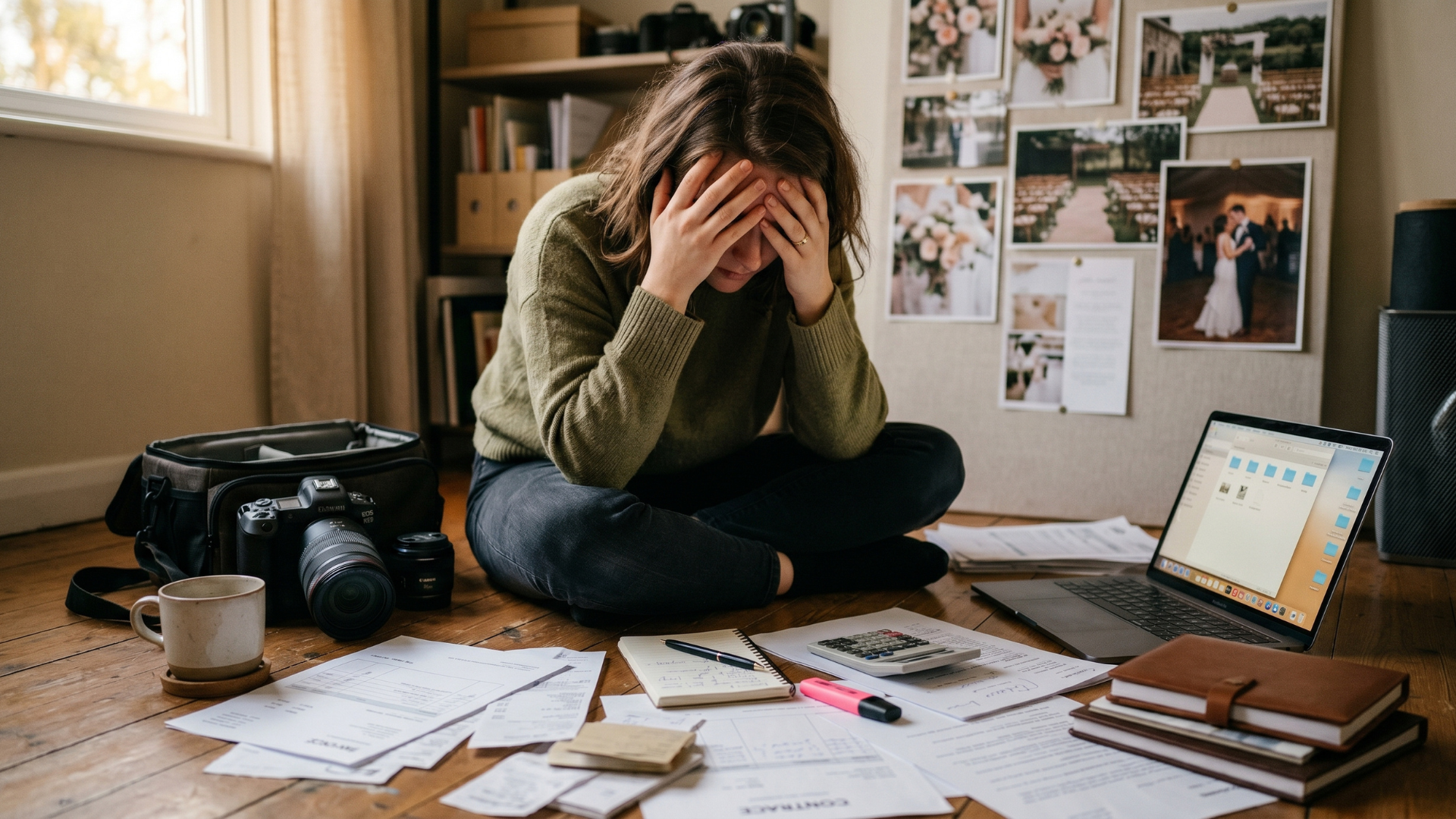 Overwhelmed wedding photographer sitting among scattered invoices and laptop.