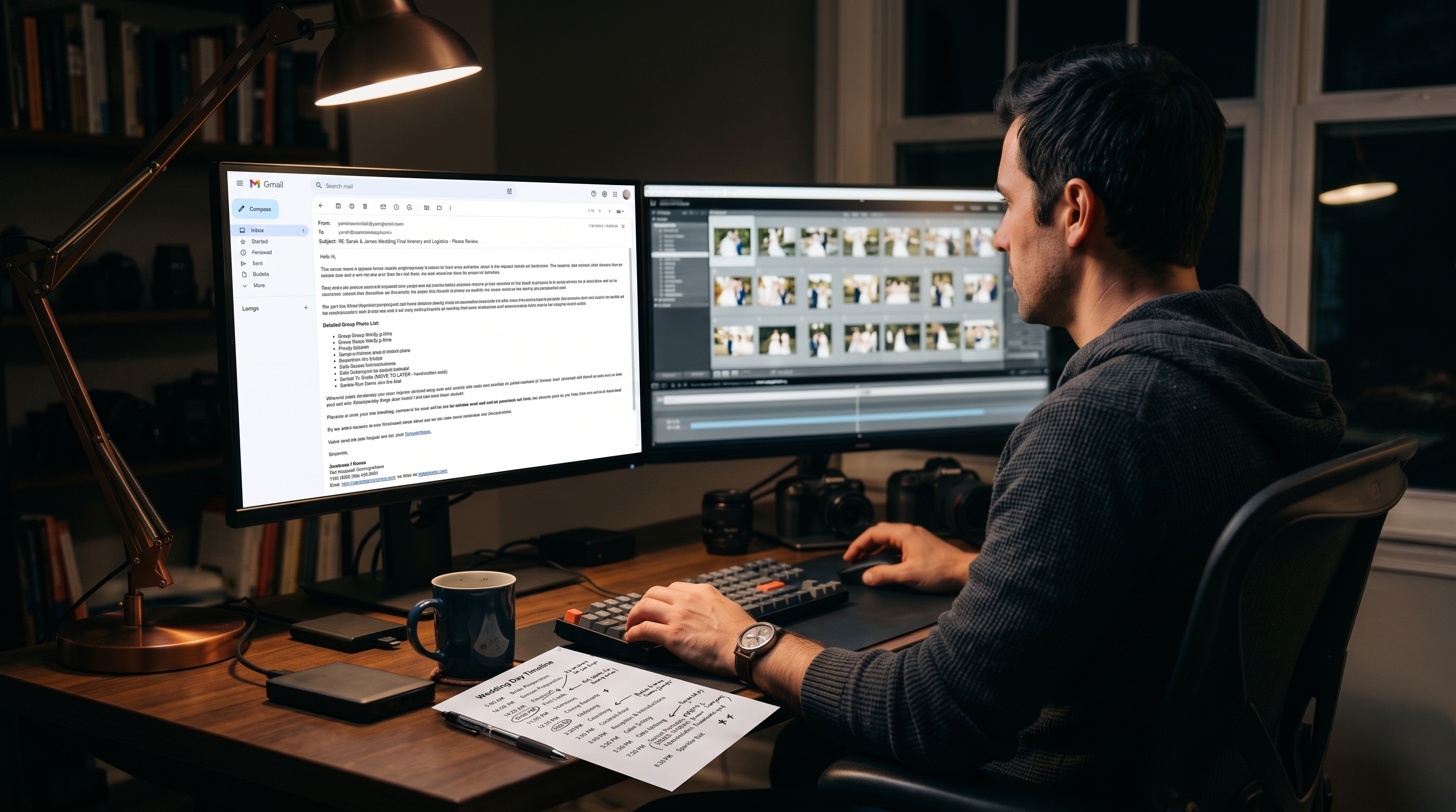 Photographer writing a long client email in his home office late at night beside a printed timeline