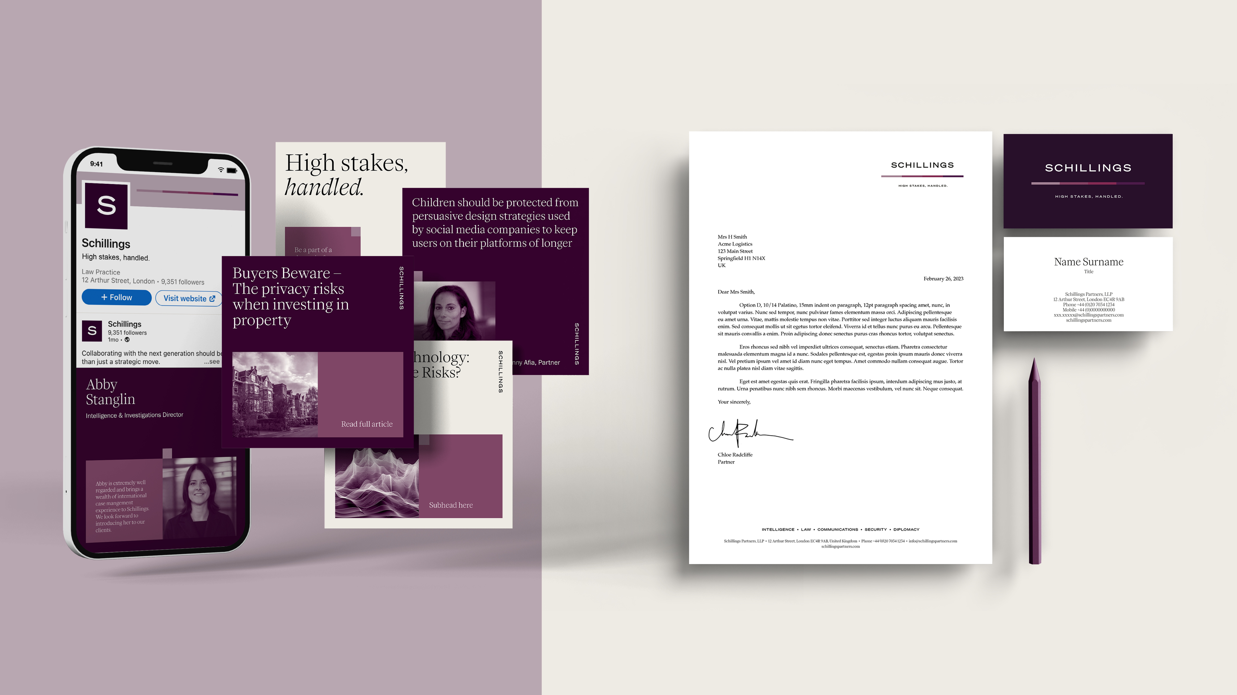 Schillings rebrand — stationery and print collateral