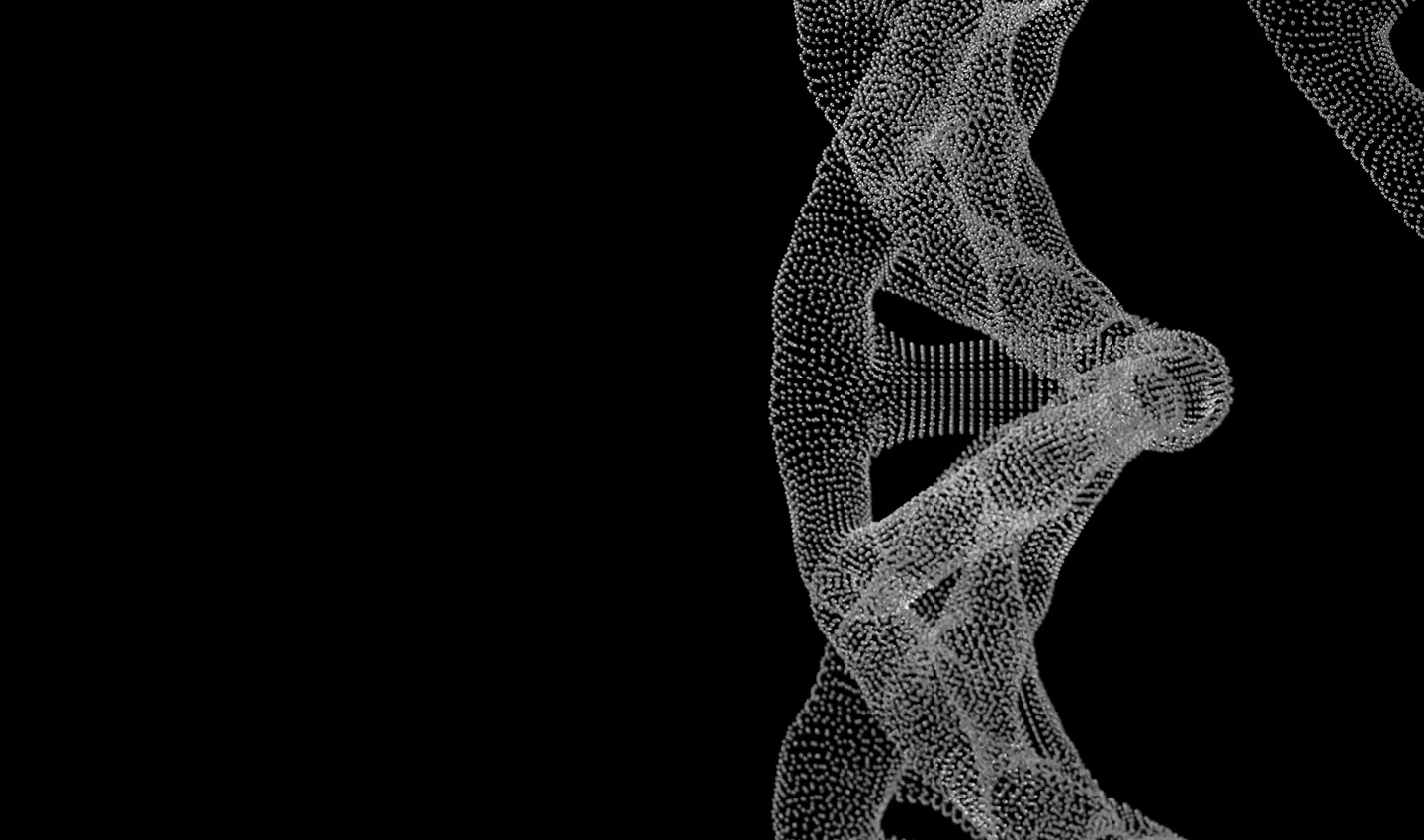 Abstract 3D digital representation of a DNA double helix made of small white dots on a black background.