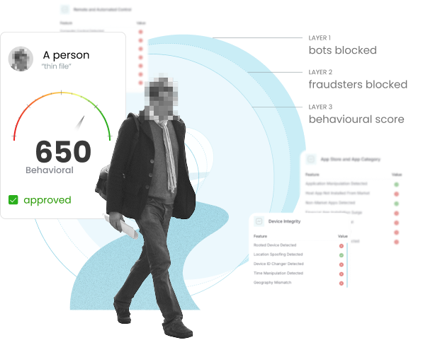 Composite image showing a pixelated person walking in front of a behavioral score gauge of 650 marked approved