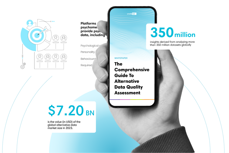 Hand holding a smartphone displaying a whitepaper titled 'The Comprehensive Guide To Alternative Data Quality Assessment'