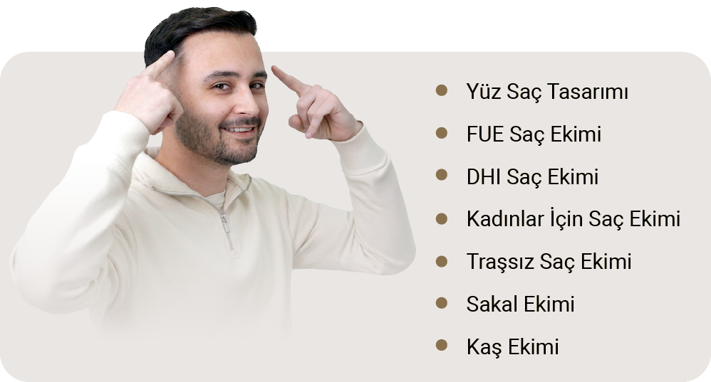 Man in white sweater pointing to his hair with a list of hair and beard treatment services in Turkish next to him.