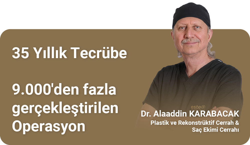 Dr. Alaaddin Karabacak in black medical scrubs and head covering with text stating 35 years of experience and over 9,000 operations performed, specializing in plastic and reconstructive surgery and hair transplant.