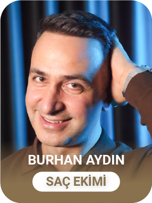 Portrait of Burhan Aydin smiling with one hand behind his head against a blue curtain background, with text overlay saying 'Burhan Aydin' and 'Saç Ekimi'.