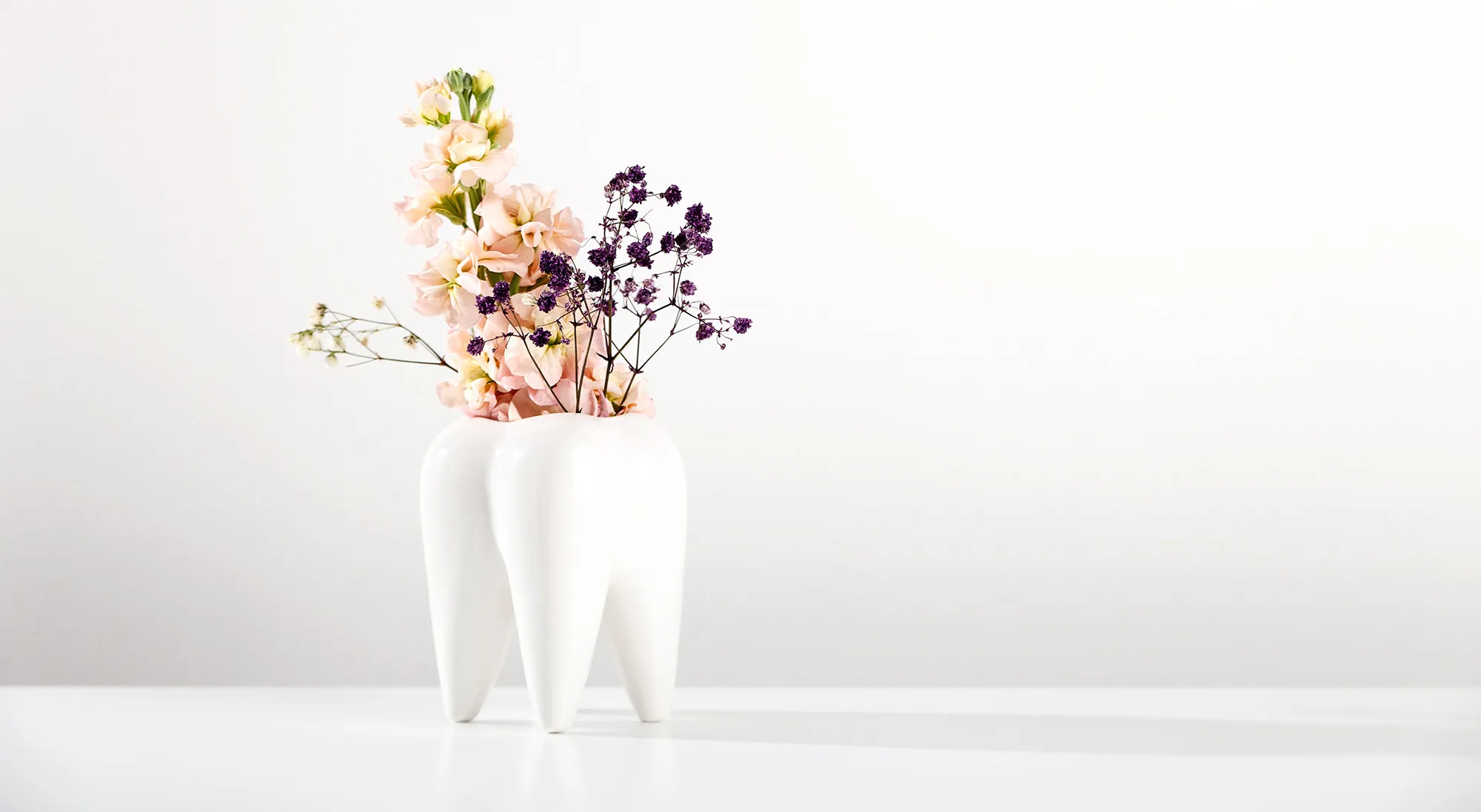Vase in Zahnform mit Trockenblumen
