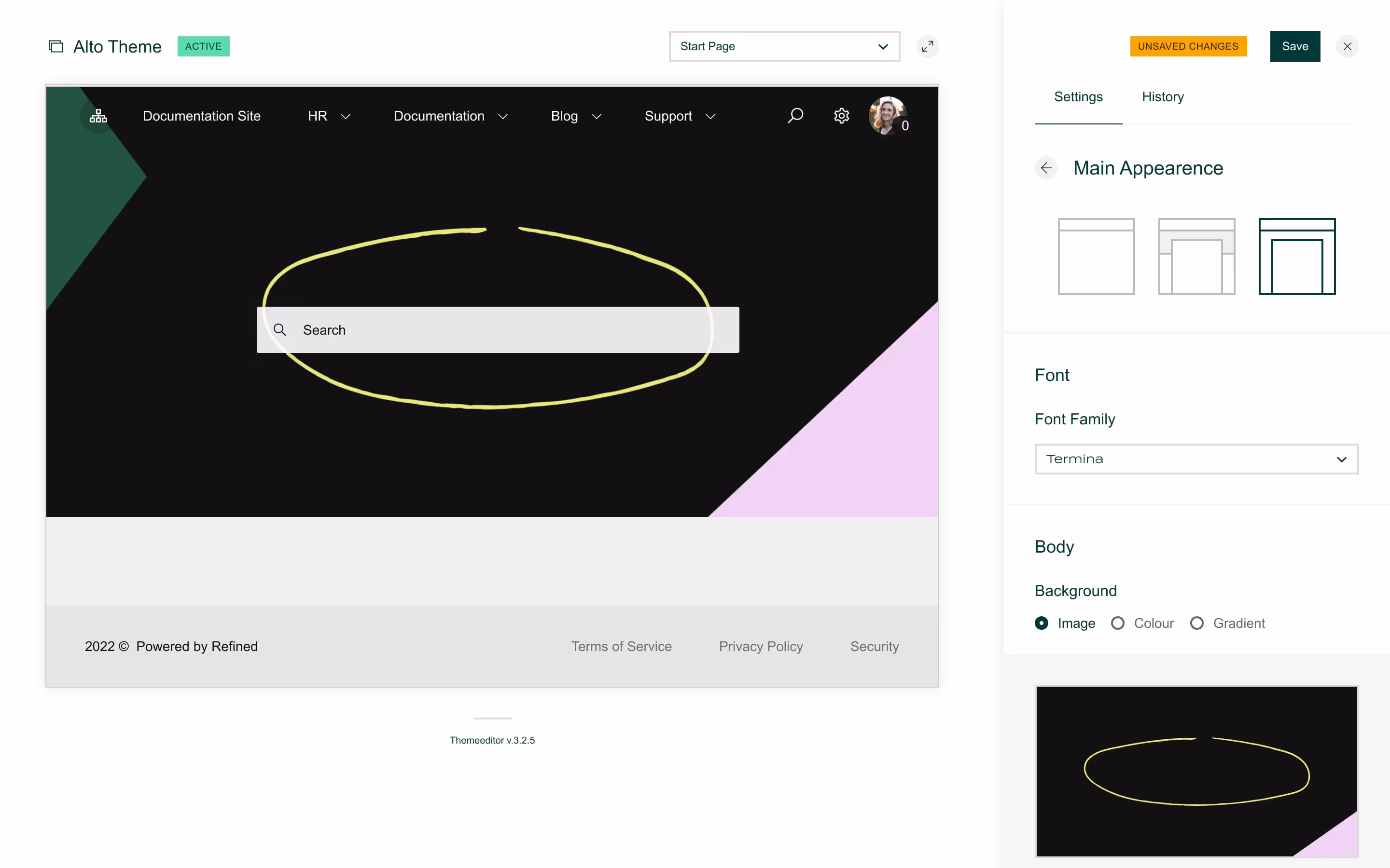 A visual showing the theme settings in Refined.