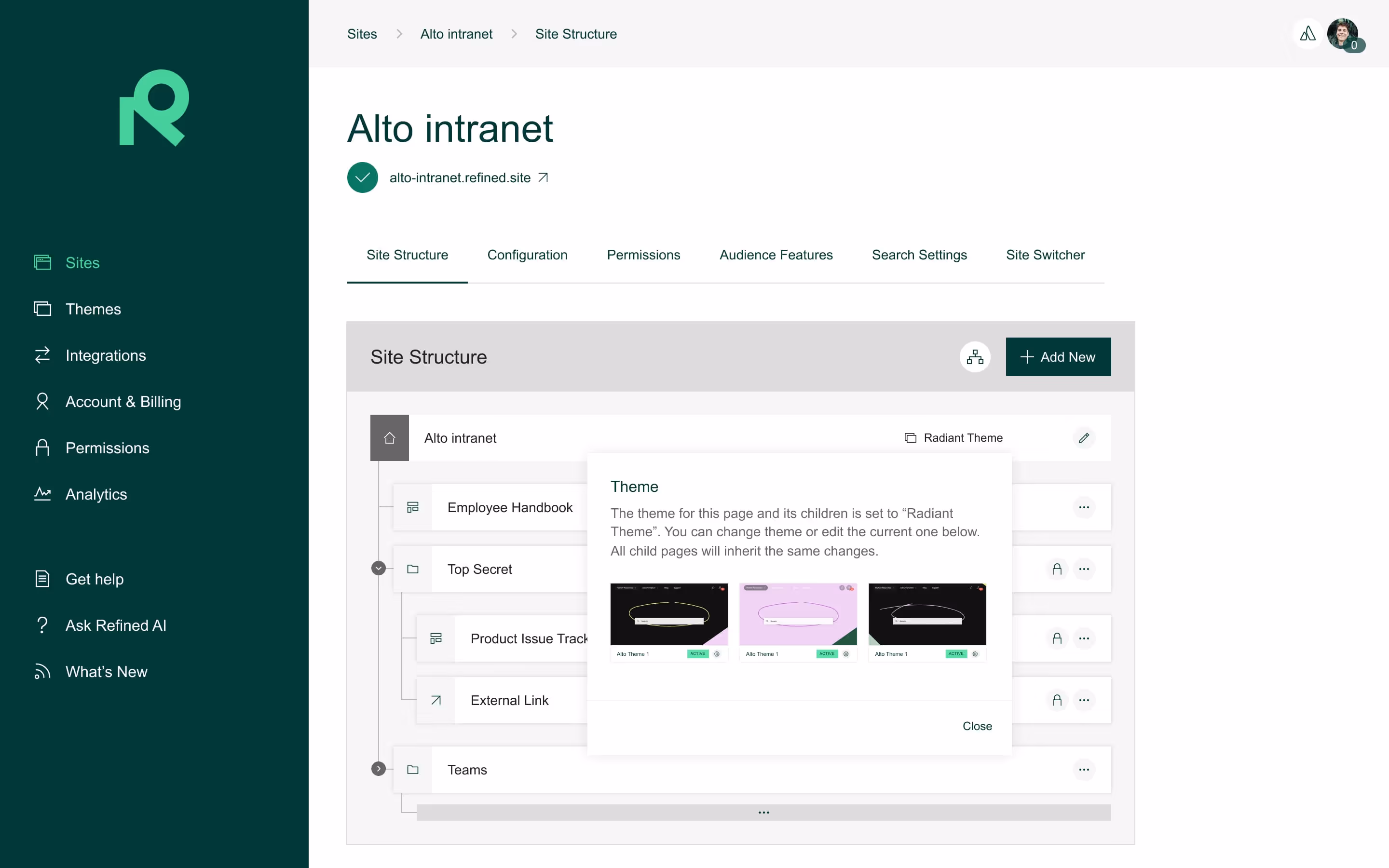 A visual showing the Refined site builder.