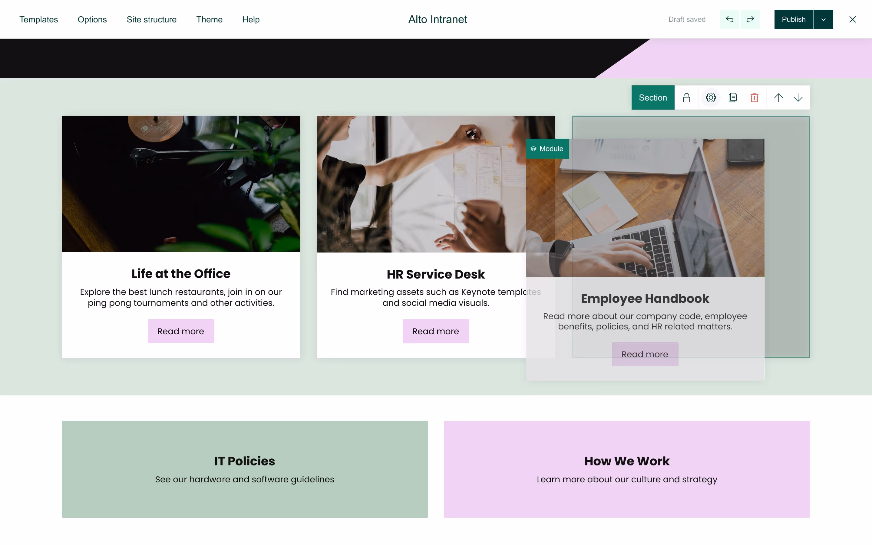 A visual showing a module being moved in the Refined page builder.