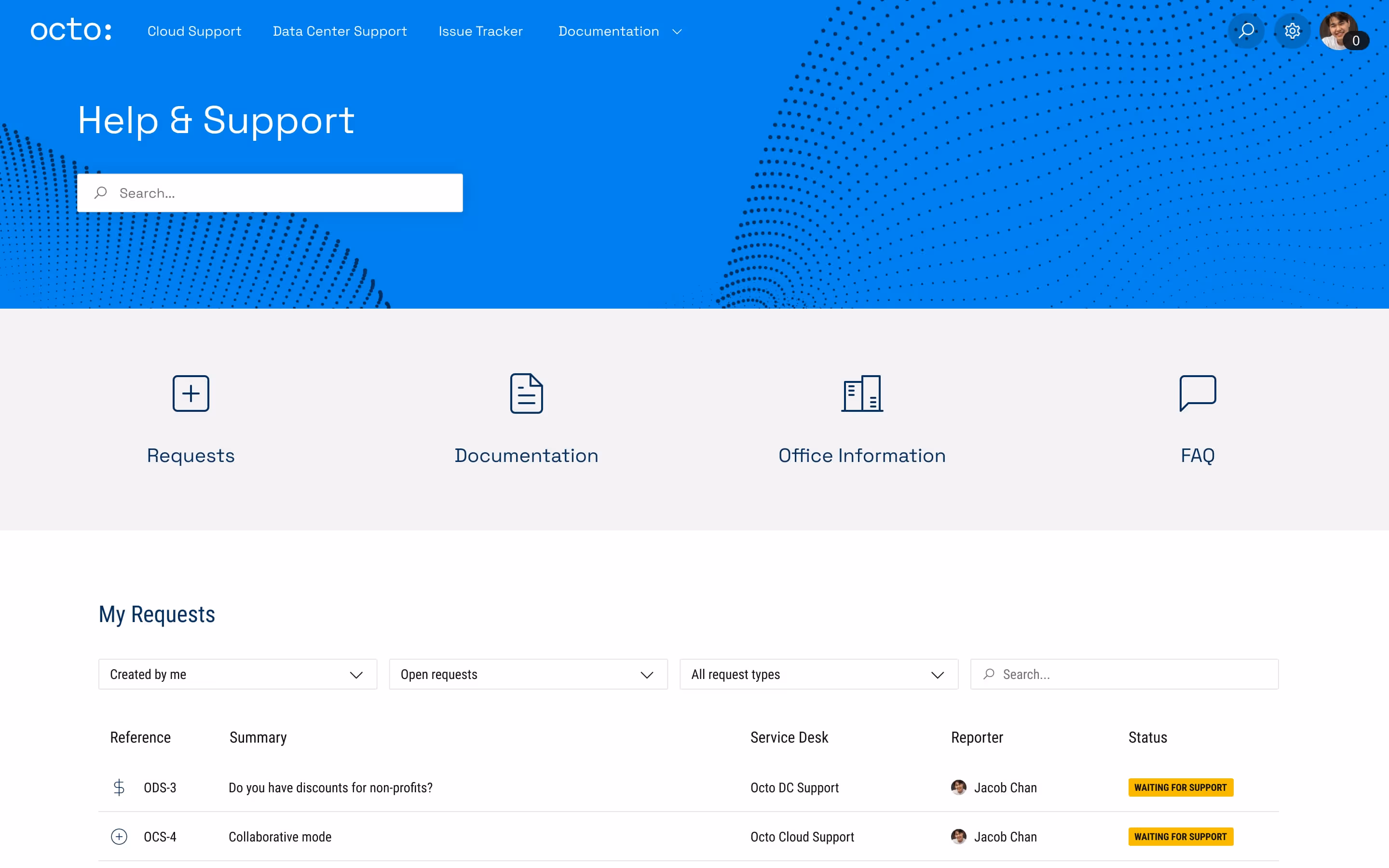 A Refined help and support template with an Octo branding.