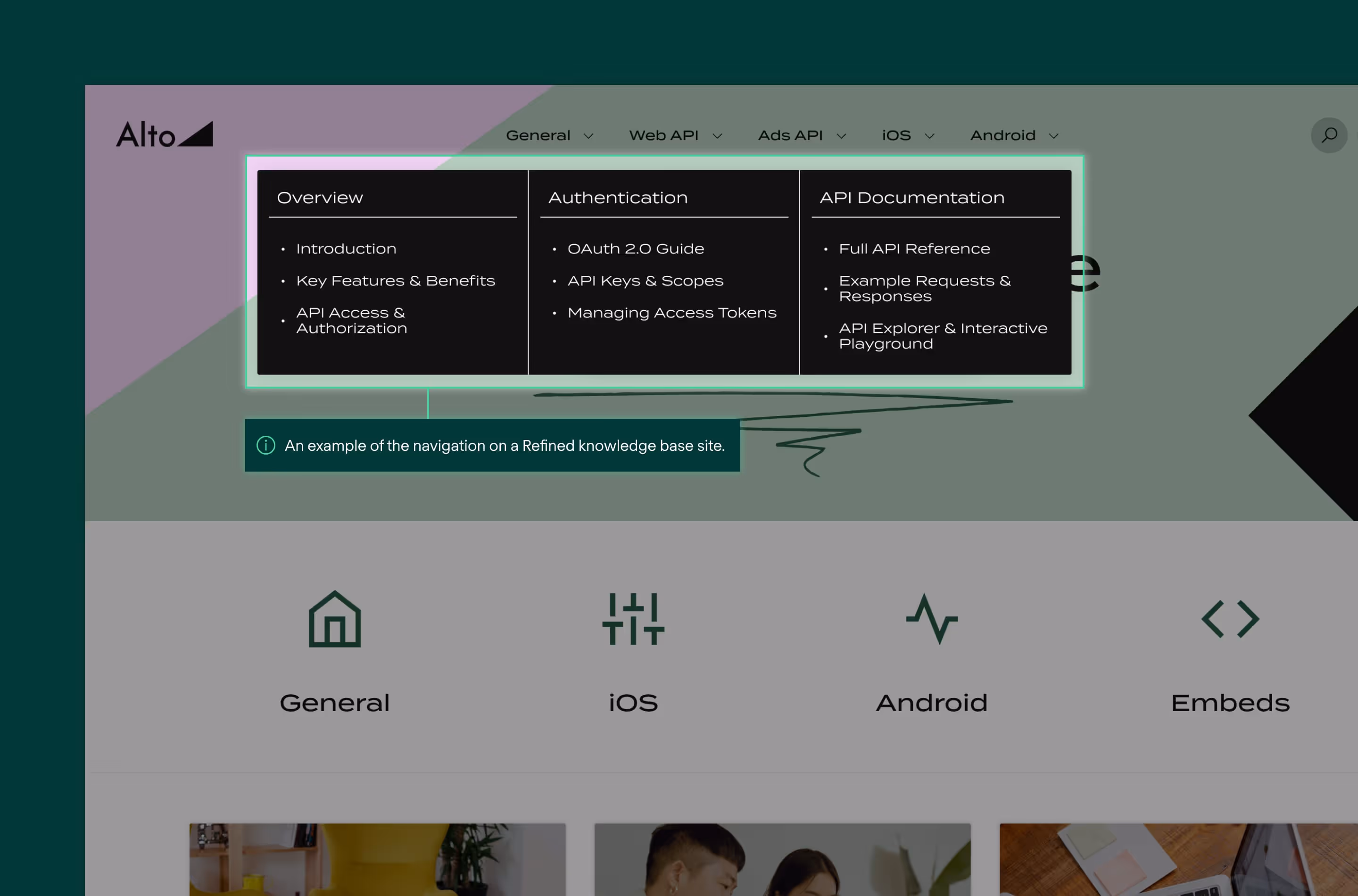 A visual showing a top navigation on a Refined site.